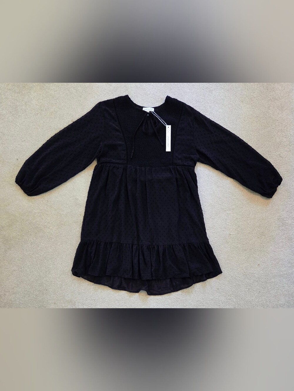 She + Sky Women’s XL Black Swiss Dot Smocked Tiered Mini Dress NWT